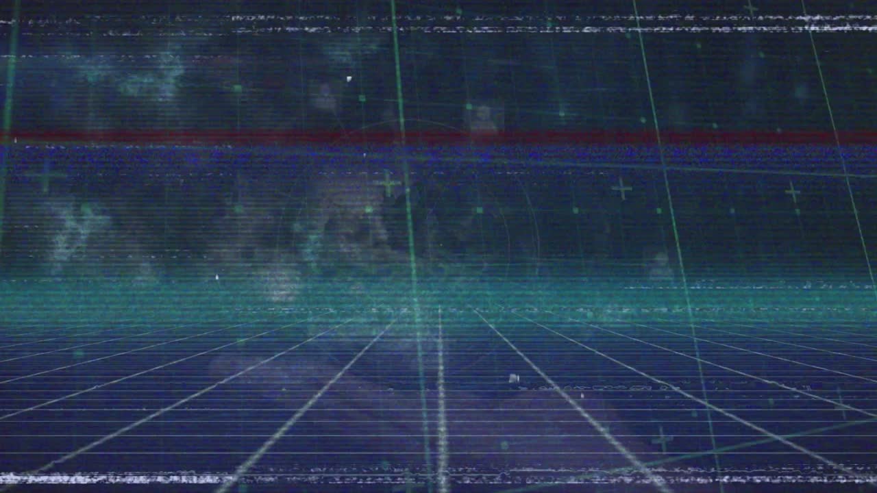 검은색 배경에 회전하는 지구를 대비하여 그리드 네트워크를 통해 데이터 처리의 애니메이션