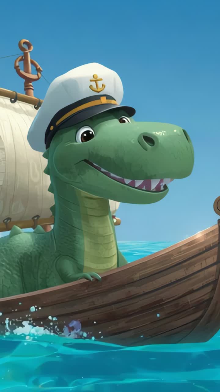 Vertical video: Peeking green dinosaur captain scanning horizon on sailboat prow, with anchor, hat