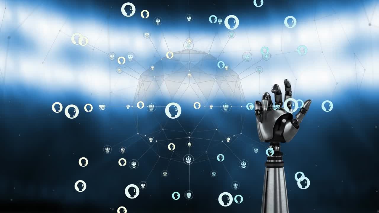 Animation of ai data processing over robot's arm and dark background