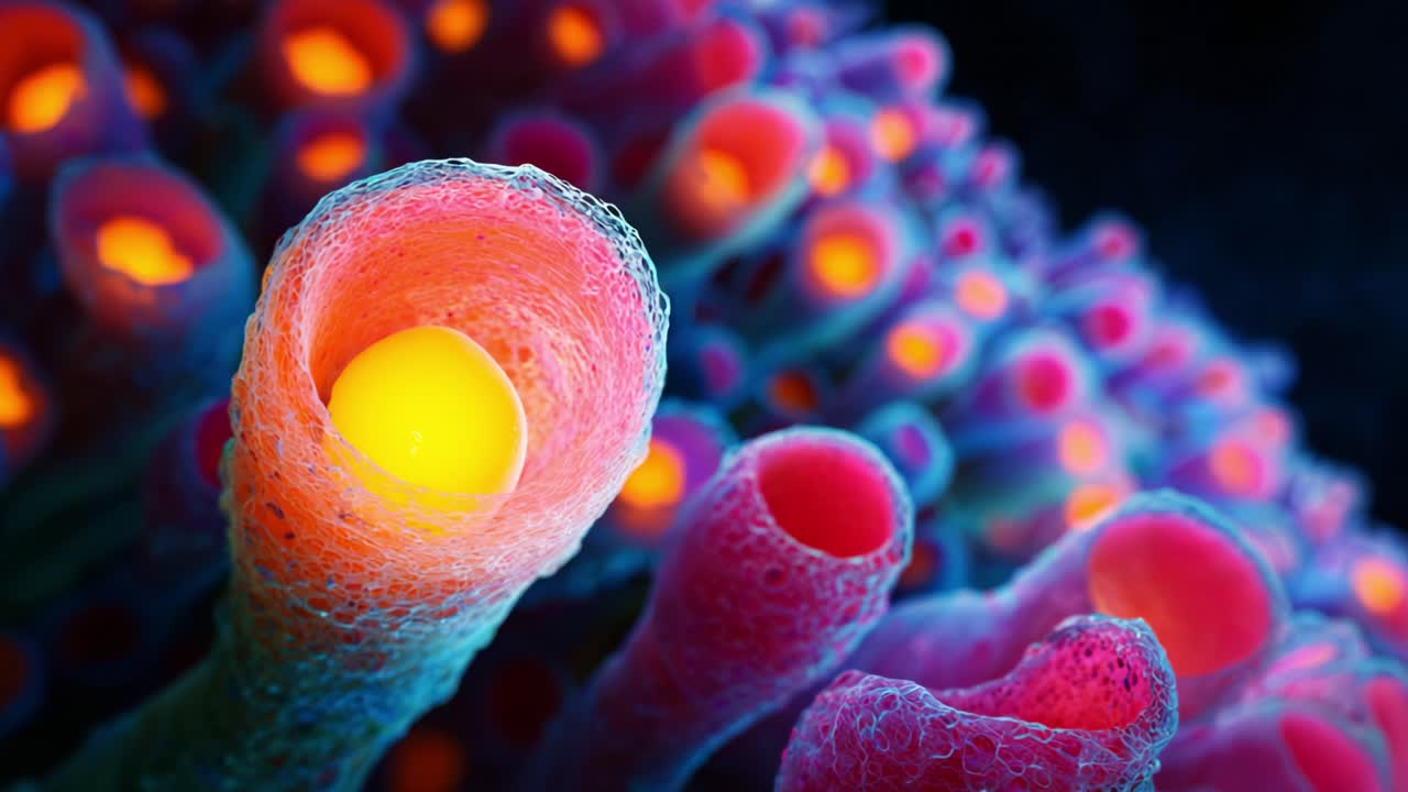 Exploring Colorful Macrostructures of Organic Forms: A Stunning Visual Journey of Vibrant Tubular Shapes with Intriguing Glow in an Abstract Underwater World