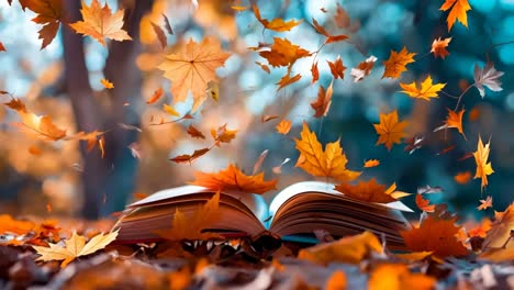 un libro abierto rodeado de hojas de otoño