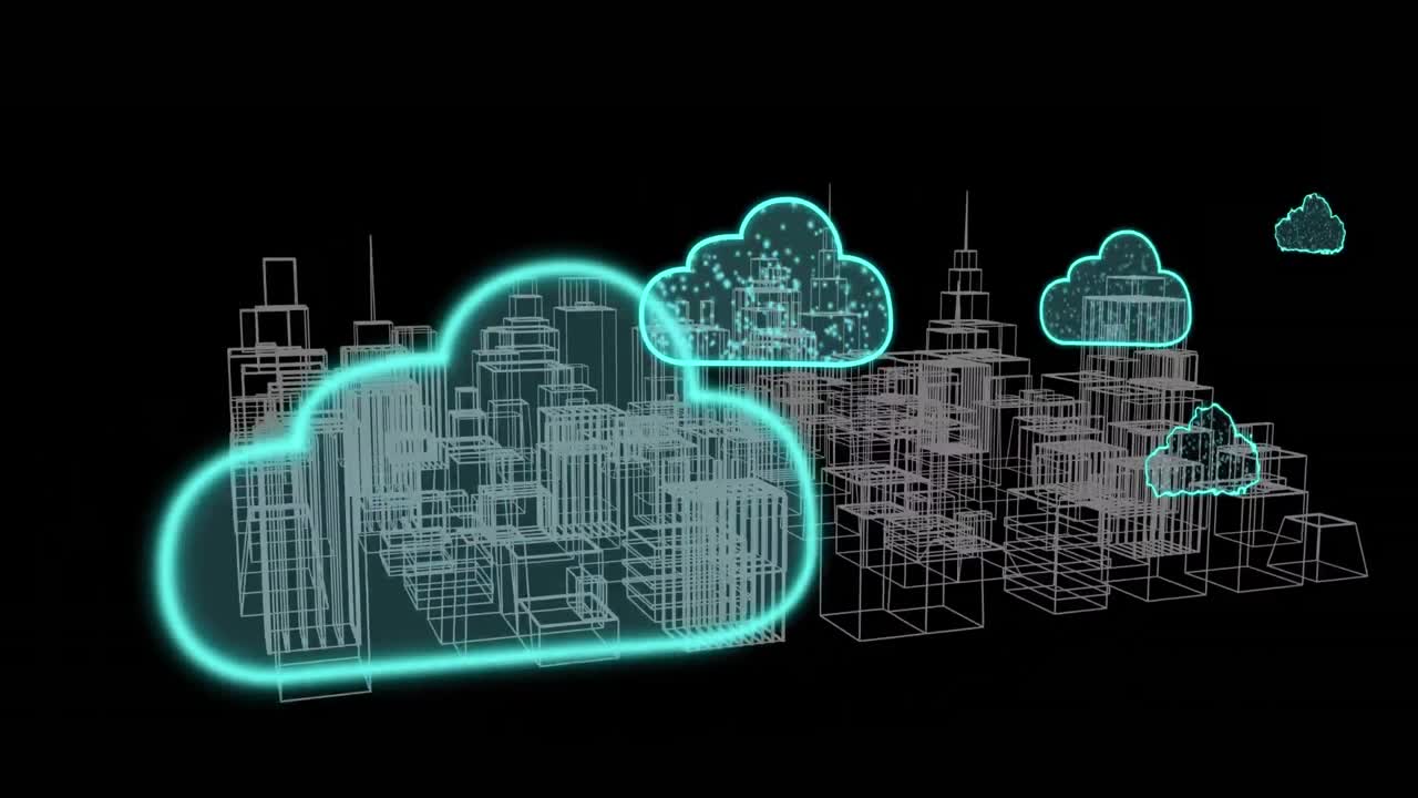Animation of digital clouds flying over 3d model of city