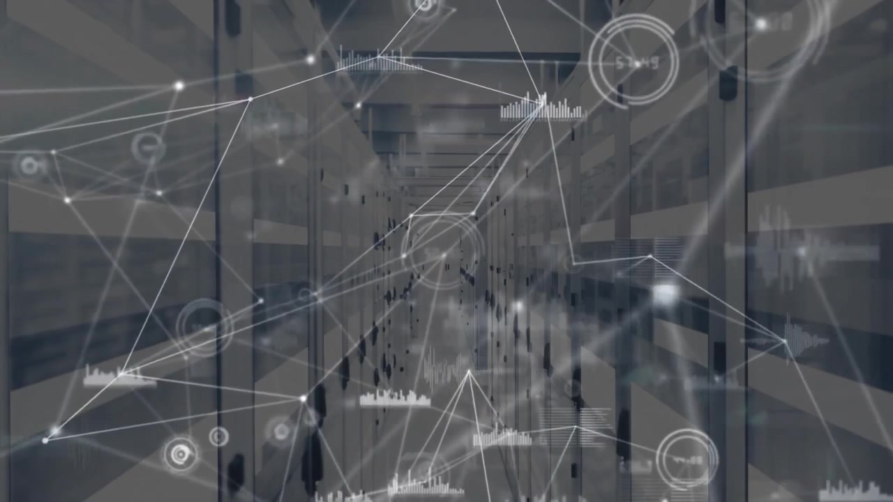 Server racks extending into distance showing network cables linking digital nodes and bar charts