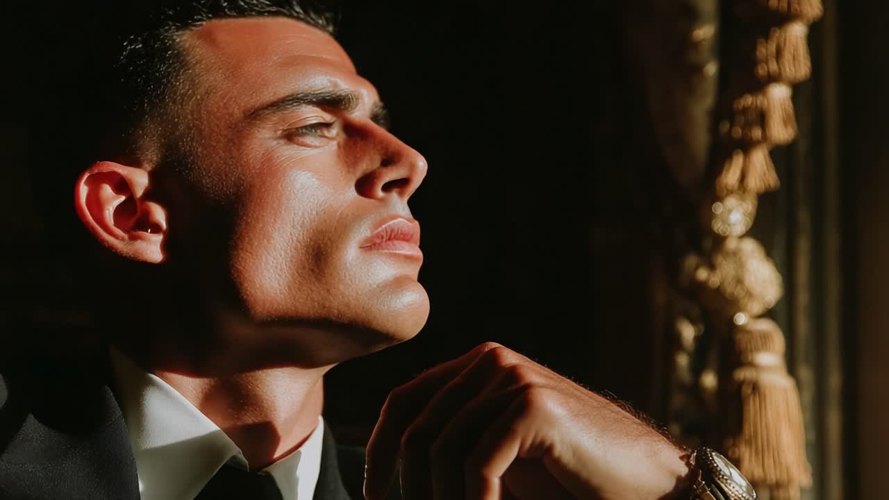 Un portrait captivant d'un homme pensif, baigné de lumière douce : explorant la profondeur du caractère et de l'expression dans une scène visuellement saisissante