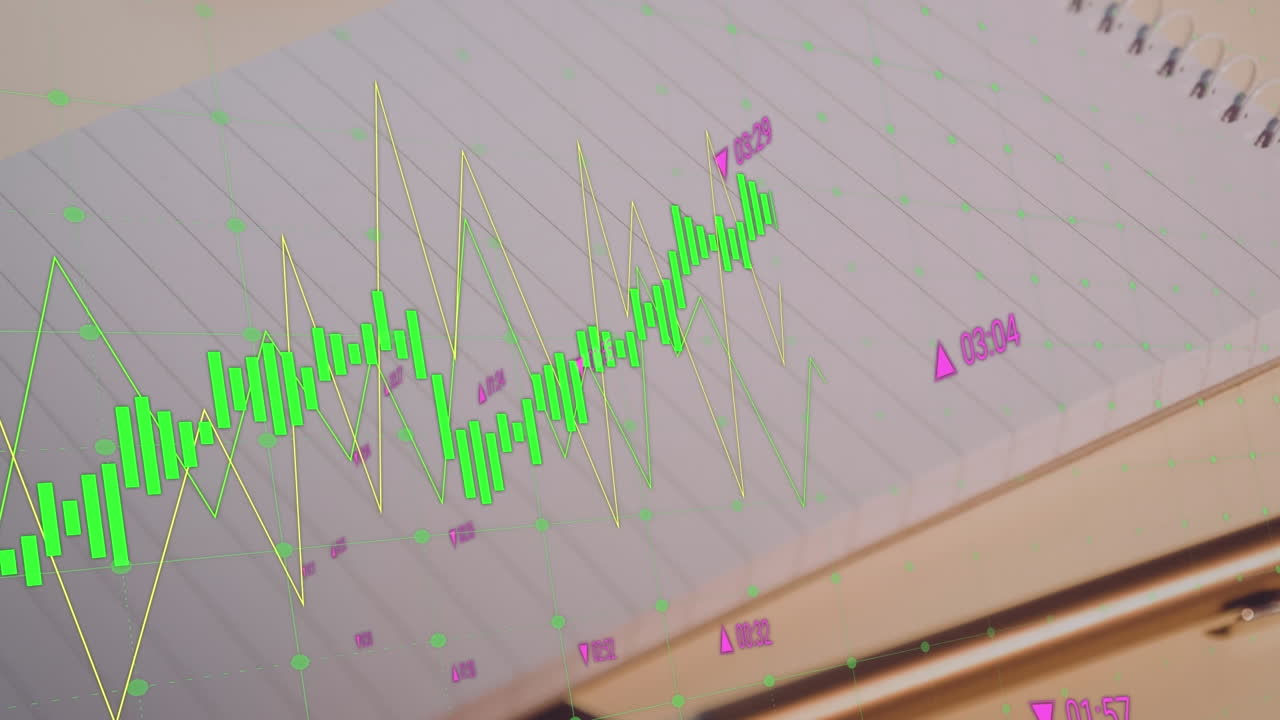 Animazione di più grafici e di una bacheca di trading su una penna accanto a un quaderno su una scrivania.