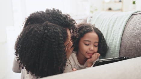 Kiss,-tablet-and-mother-with-child-on-sofa