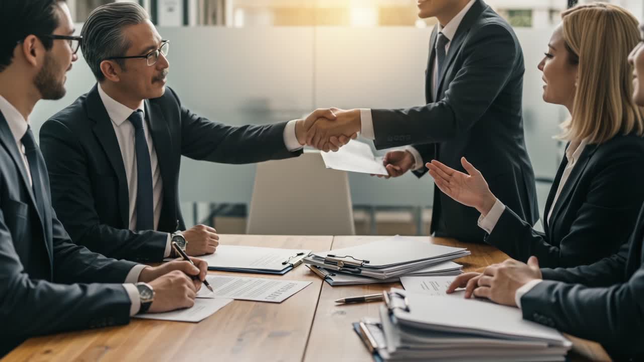 Business Negotiation in a Modern Office Setting: A Professional Team Engaging in a Handshake and Discussion Over Important Agreements