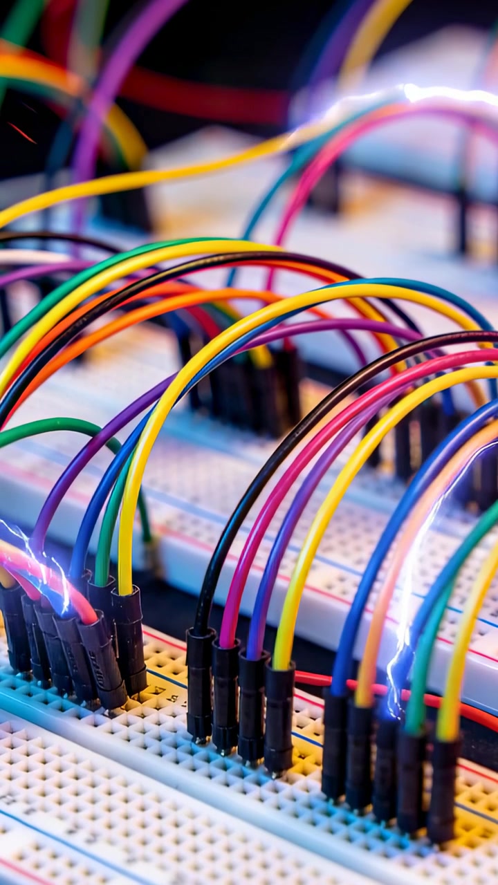 Vertical video: Showing PSU applying voltage, jumper wires arcing blue on breadboard black housings