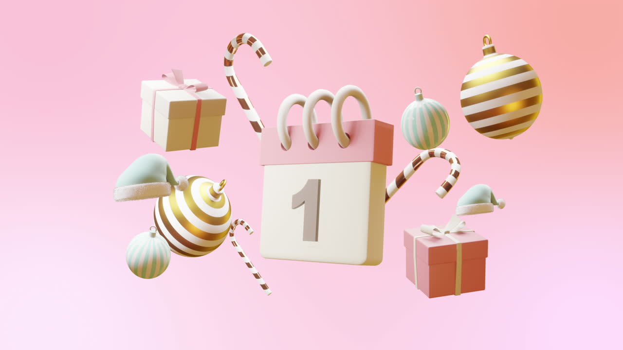 animación del calendario con el número 1 y decoraciones de navidad sobre fondo rosa
