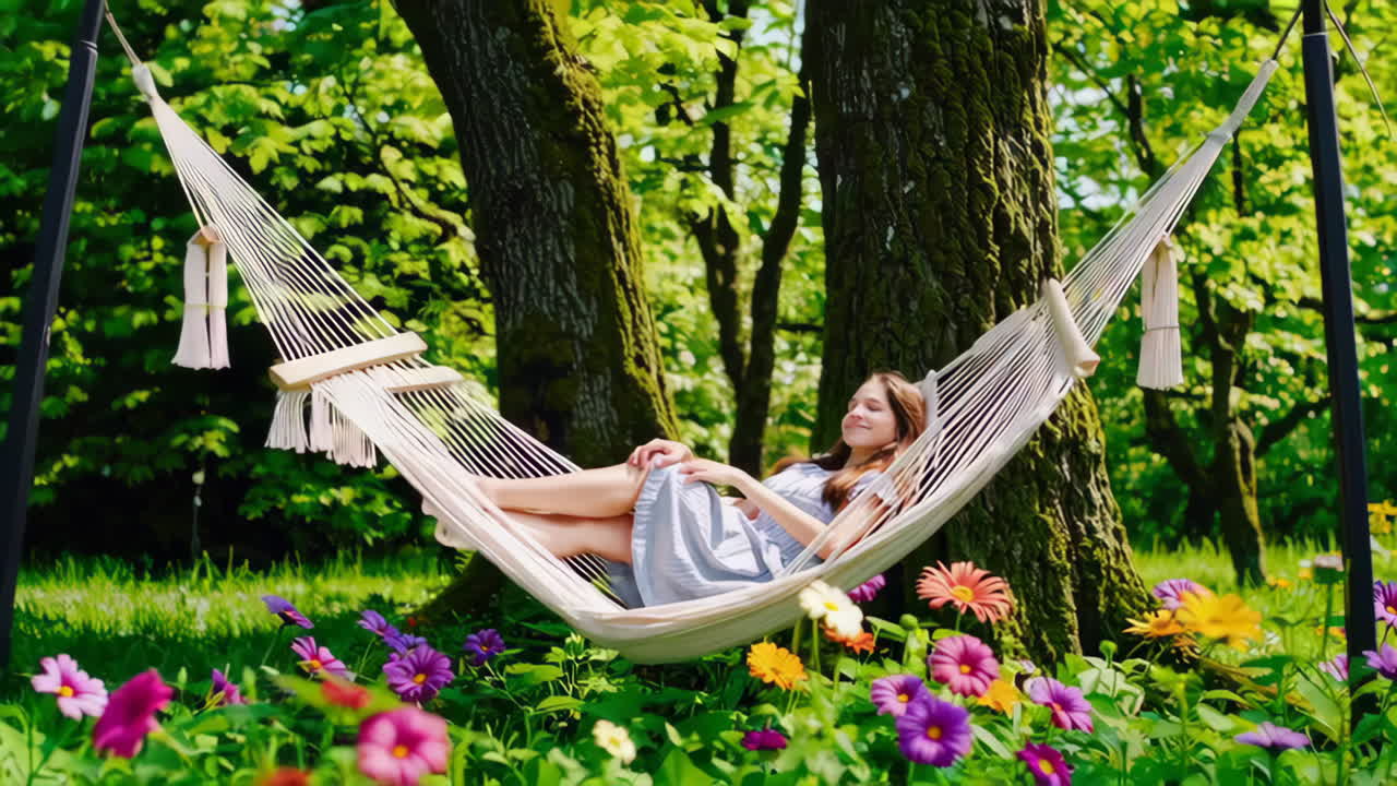 Young Woman Relaxing Peacefully in a Hammock Outdoors