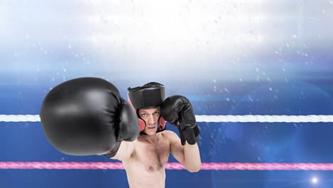 animación de un boxeador caucásico en el ring de boxeo sobre los reflectores