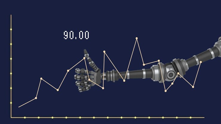 Animation of robot's arm and data processing over blue background