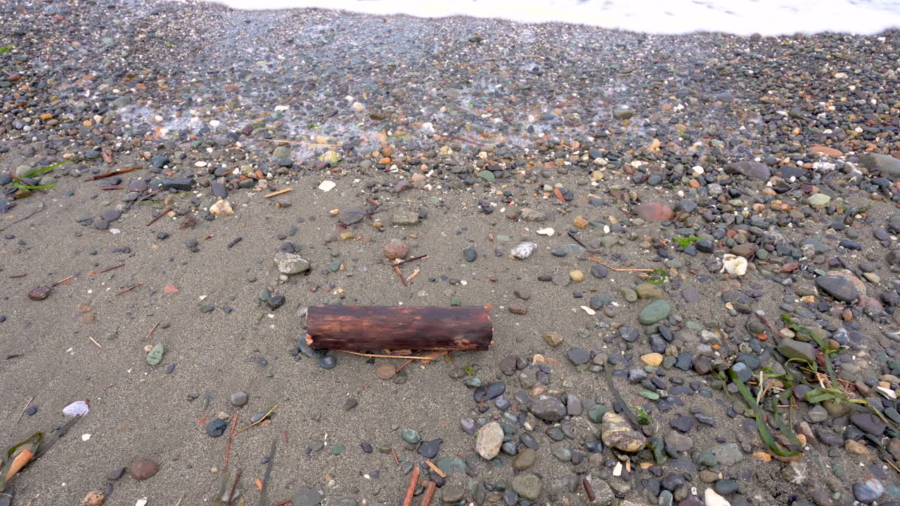 바위가 많은 해변에 있는 작은 유목 조각, 잔잔한 파도가 모래 위로 밀려옵니다