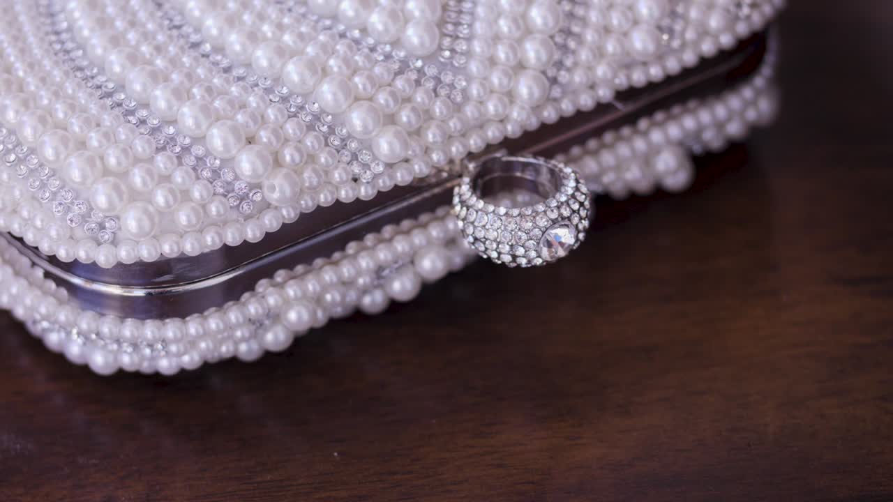 una bolsa con incrustaciones de perlas y diamantes