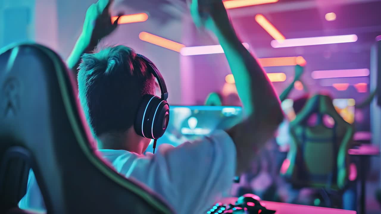 Excited Gamer Celebrating Victory in a Neon Lit Gaming Room