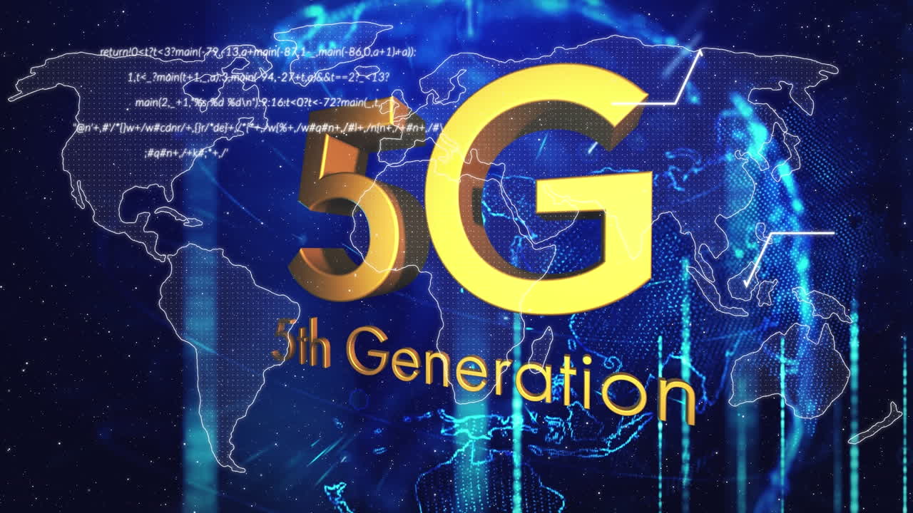 animación de 5g, procesamiento de datos y mapa del mundo sobre un globo giratorio