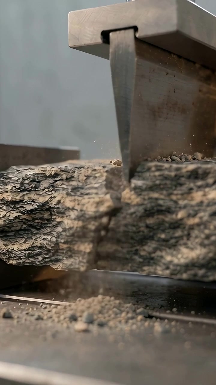 Vertical video: Ram descending, driving steel wedge crushing rock at lab, splitting slab