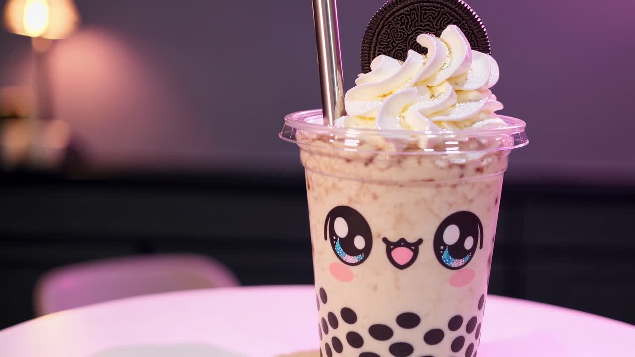 Kawaii bubble tea adorned with fluffy whipped cream, chocolate cookie, and gleaming metal straw resting on pristine white table beneath soft purple cafe illumination