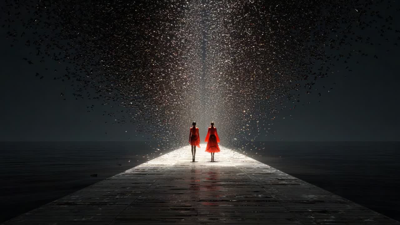 A Captivating Journey Through Light and Shadow: Two Figures in Red Dressed Elegantly Walk Towards an Ethereal Glow Surrounded by a Mysterious Ocean and Shimmering Particles