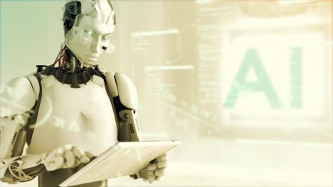 toma de cgi giratoria de alta calidad de un robot humanoide usando una tableta de estilo ipad con ecuaciones matemáticas y datos de desplazamiento en el aire a su alrededor, en un esquema de color oro cálido