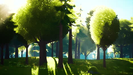 paisaje forestal verde de dibujos animados con árboles y flores