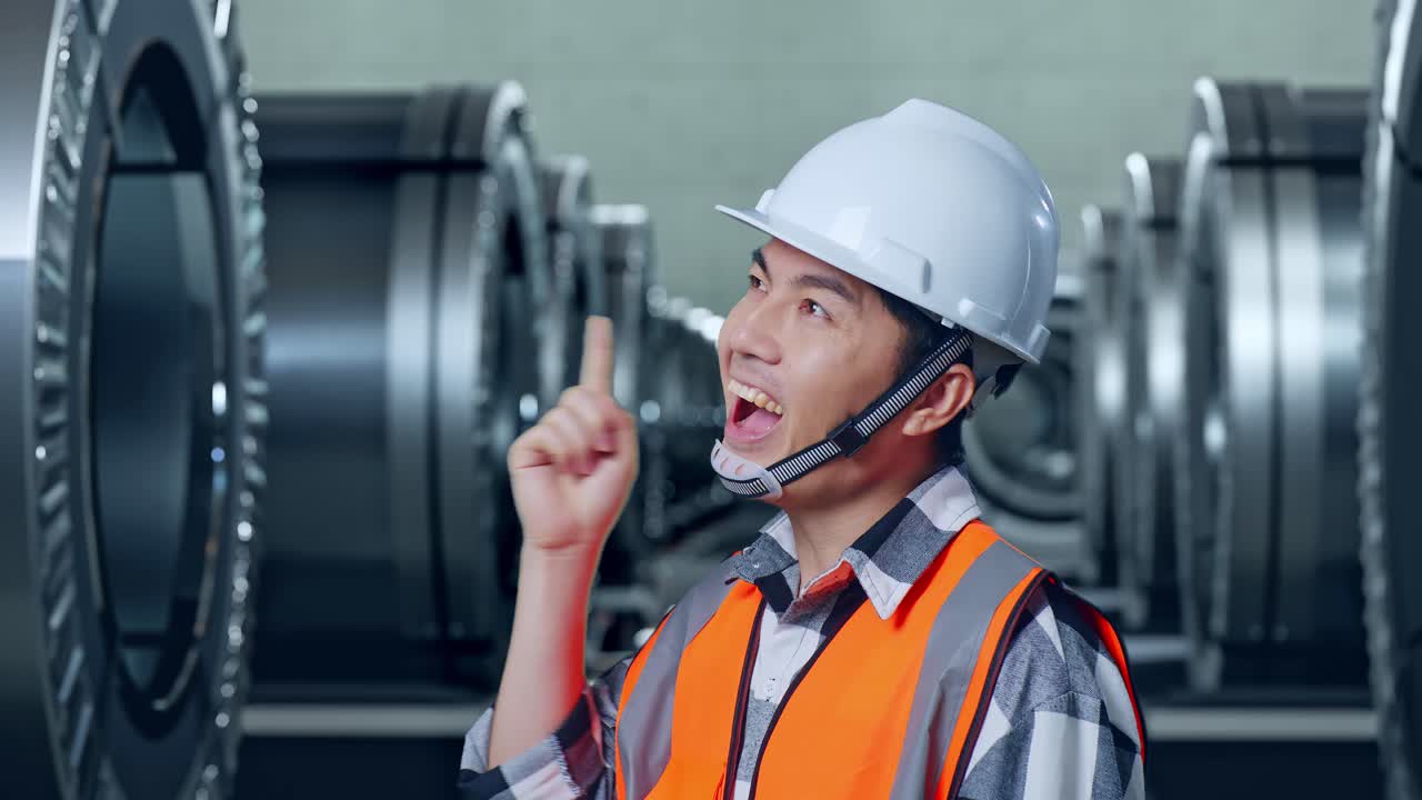 Close Up Side View Of Asian Male Engineer With Safety Helmet Thinking And Looking Around Then Raising His Index Finger While Standing In Metal Factory