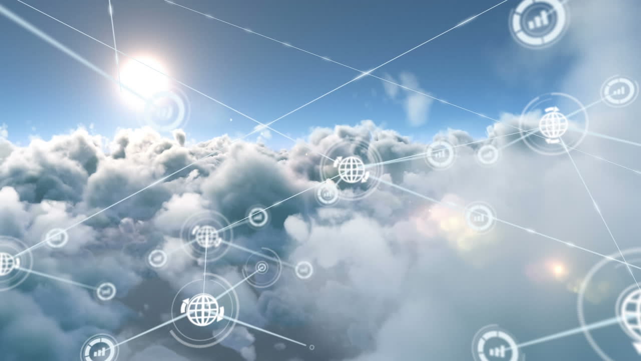 animación de redes de conexiones con iconos en el cielo