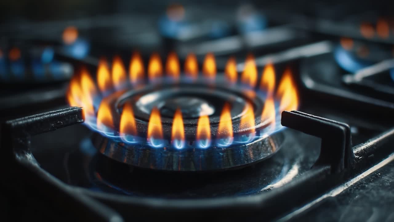Captivating Flames Emanate from a Gas Stove Burner, Showcasing the Beautiful Dance of Fire and Heat on a Kitchen Appliance