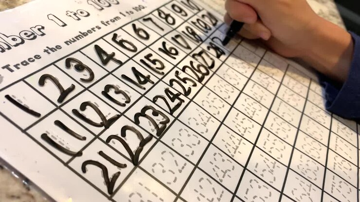 Small hand practicing number tracing with a dry erase marker