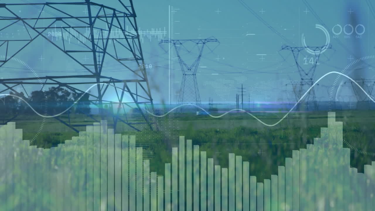 Steel power towers being visualized in rural field, showing waveform graphs and bar chart overlays