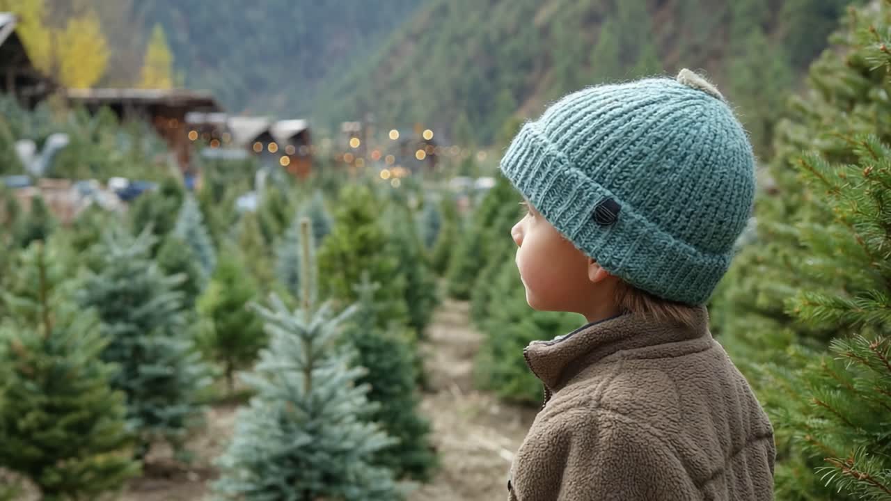 A Young Child Wearing a Cozy Knitted Hat Stands Among Rows of Christmas Trees, Gazing into the Distance with a Sense of Wonder and Anticipation for the Festive Season