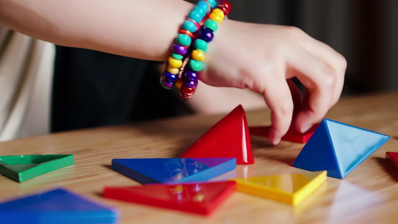 Child's hand playing with colorful geometric building blocks