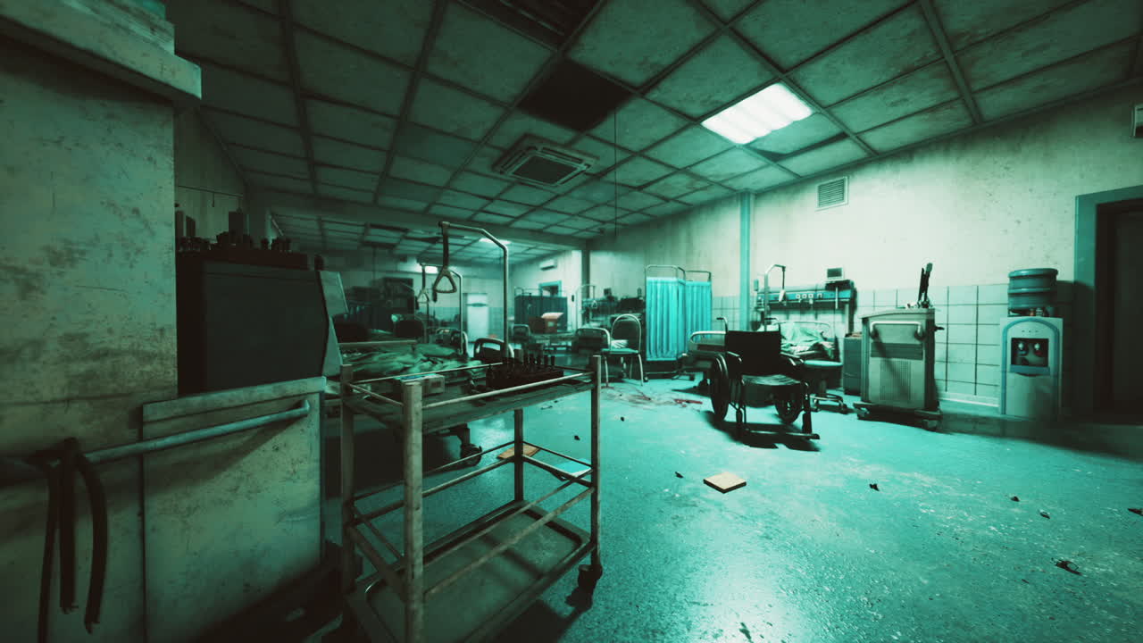 Abandoned hospital interior revealing decay and neglect in a grim setting