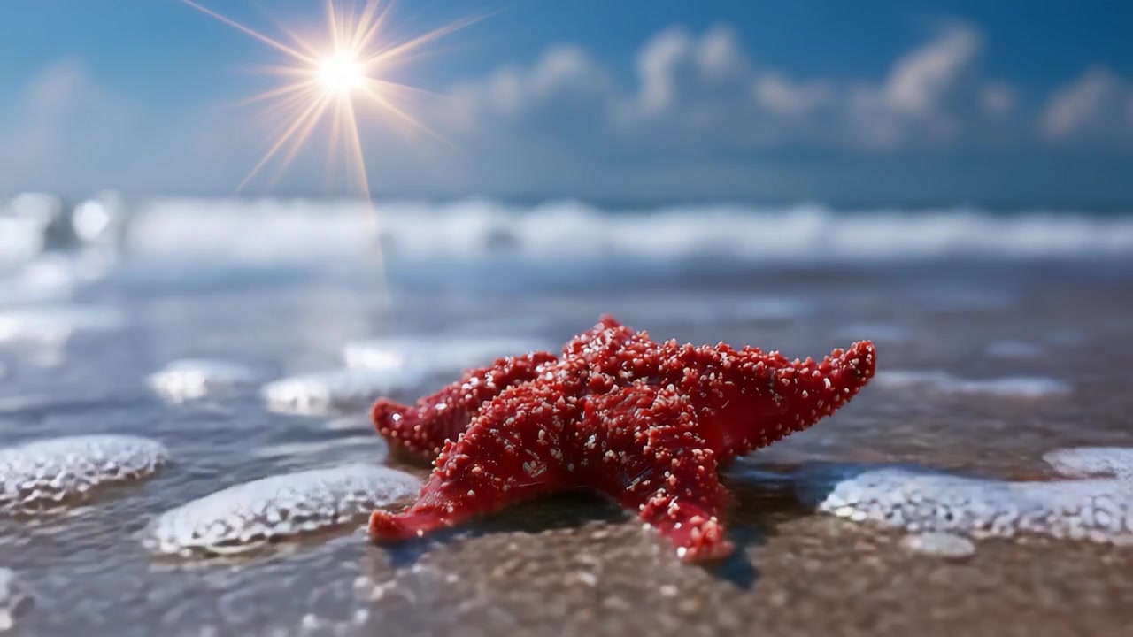 Una splendida stella marina sulla battigia incanta con il suo colore vivace sullo sfondo di onde scintillanti e un cielo radioso illuminato dal sole.