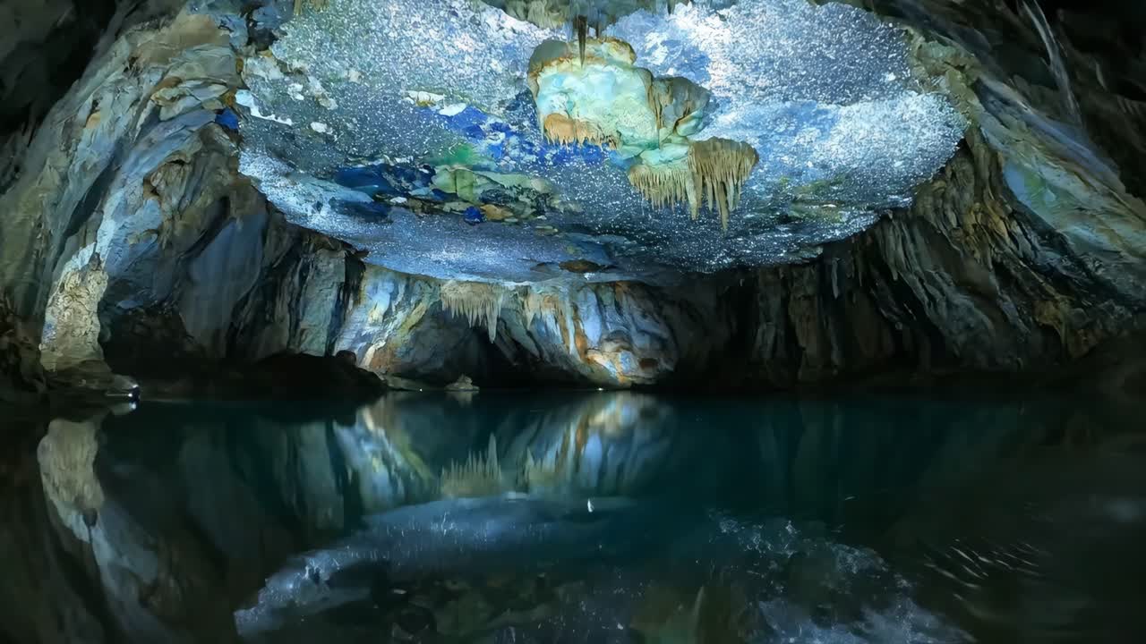 Mysterious cave with stalactites and water reflection