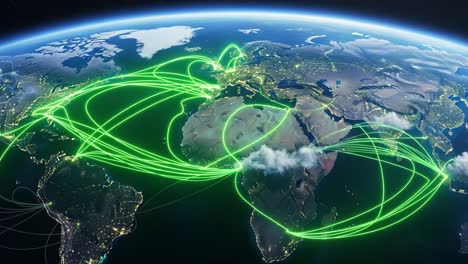 a stunning overview of global connectivity: illuminating pathways across continents depicted in vivid green light trails over earth from space