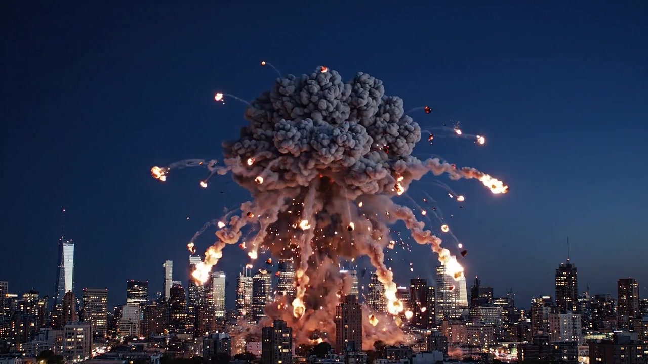 Esplosione drammatica sullo skyline della città: Un evento catastrofico che si svolge al tramonto con un'esplosione infuocata e massicce nubi di fumo che creano una scena caotica.