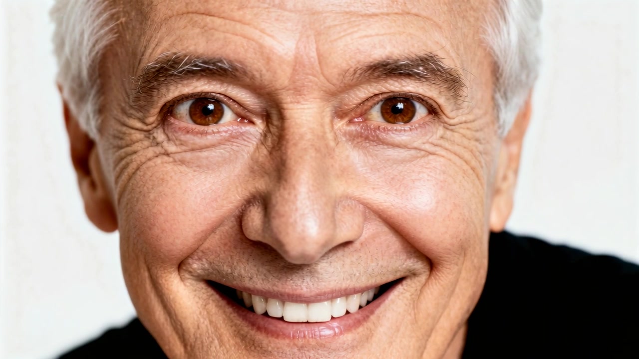La telecamera si avvia, un anziano sorridente spalanca gli occhi e si sporge in avanti in studio, con gli occhi illuminati e una maglia scura.