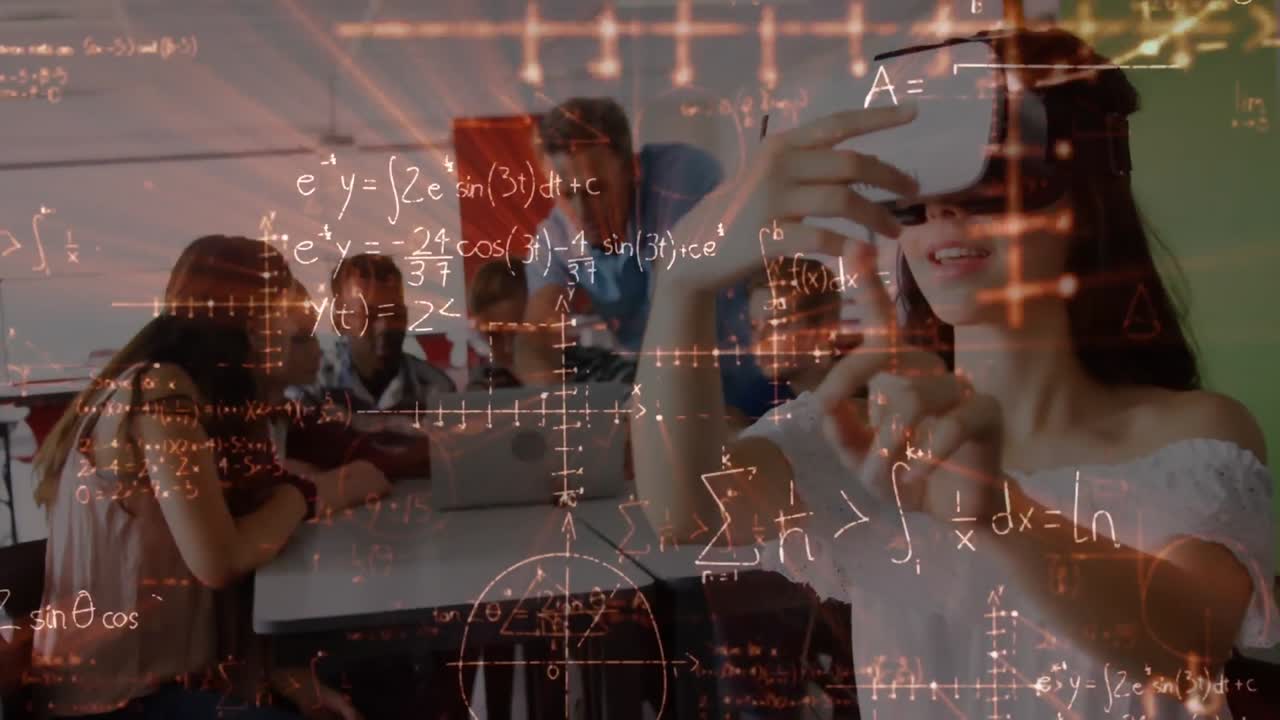 математические уравнения, плавающие против белой девочки, носящей vr-наушники в начальной школе