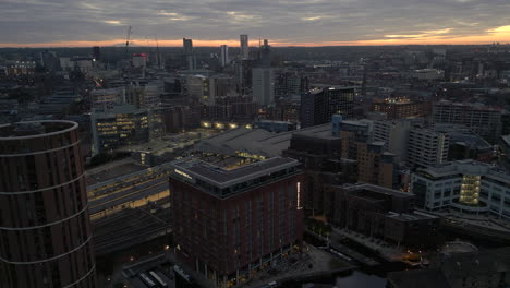 Establishing-Low-Light-Aerial-Drone-Shot-of-Leeds-City-Centre-in-Low-Light-Before-Sunrise