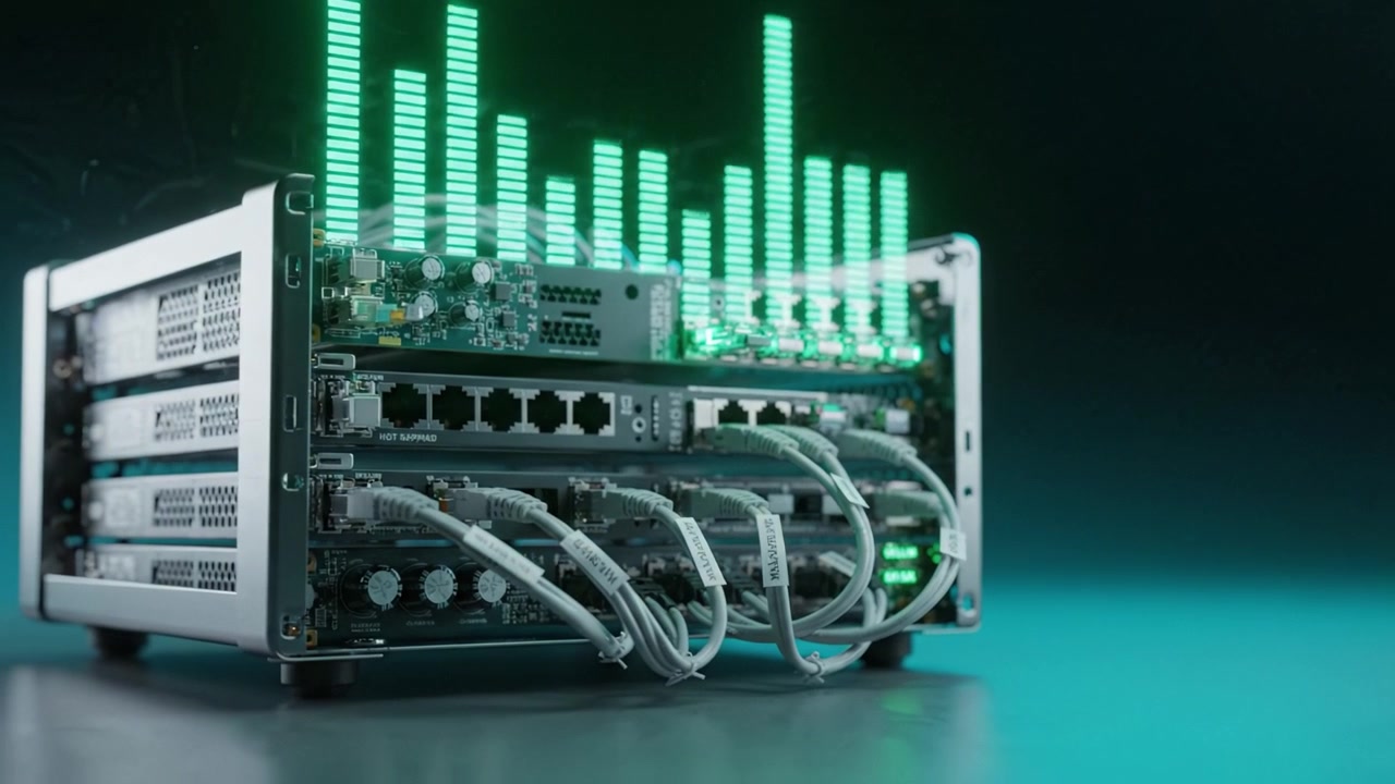 Advanced Networking Equipment with Light Indicators and Data Visualization Technologies, Showcasing Cutting-Edge Design and Functionality in Modern Connectivity Solutions