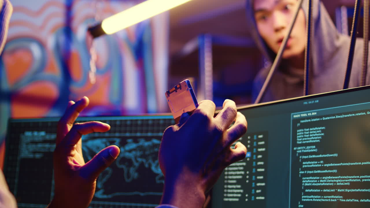 Hacker holding SSD with computer exploit