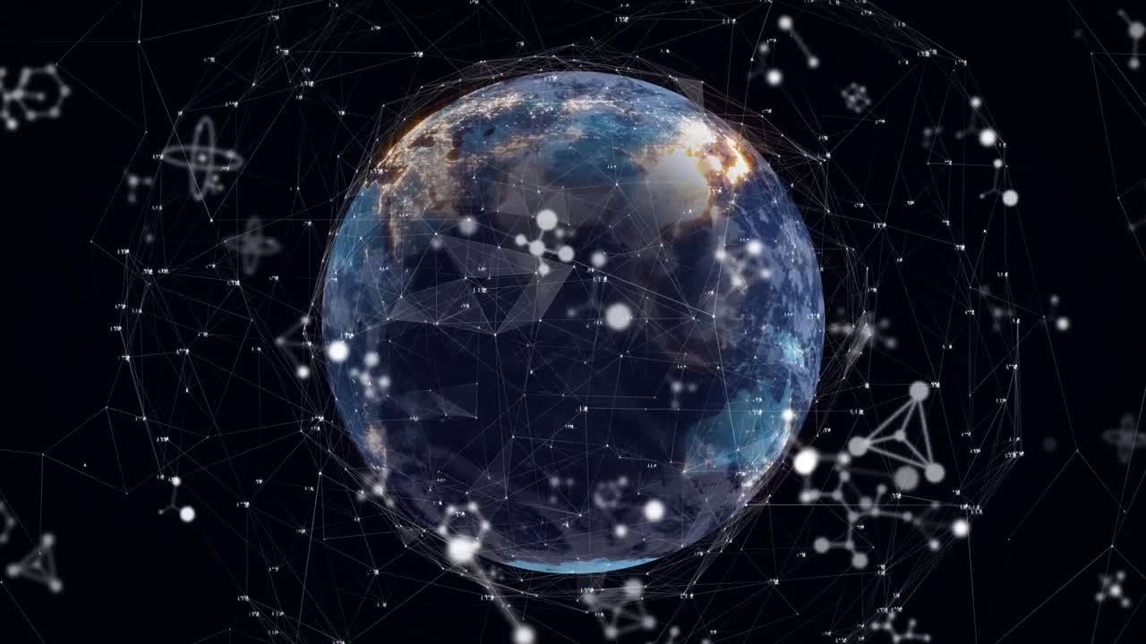 블랙 배경에 대한 회전하는 지구 위의 분자 구조와 플렉서스 네트워크의 애니메이션