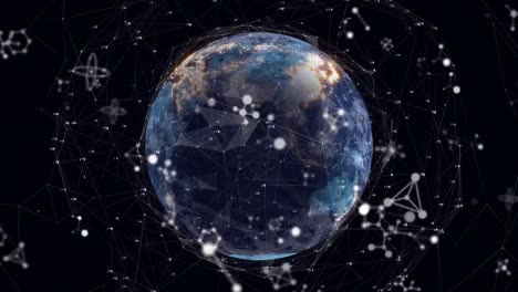animación de estructuras moleculares y redes de plexo sobre un globo giratorio contra un fondo negro