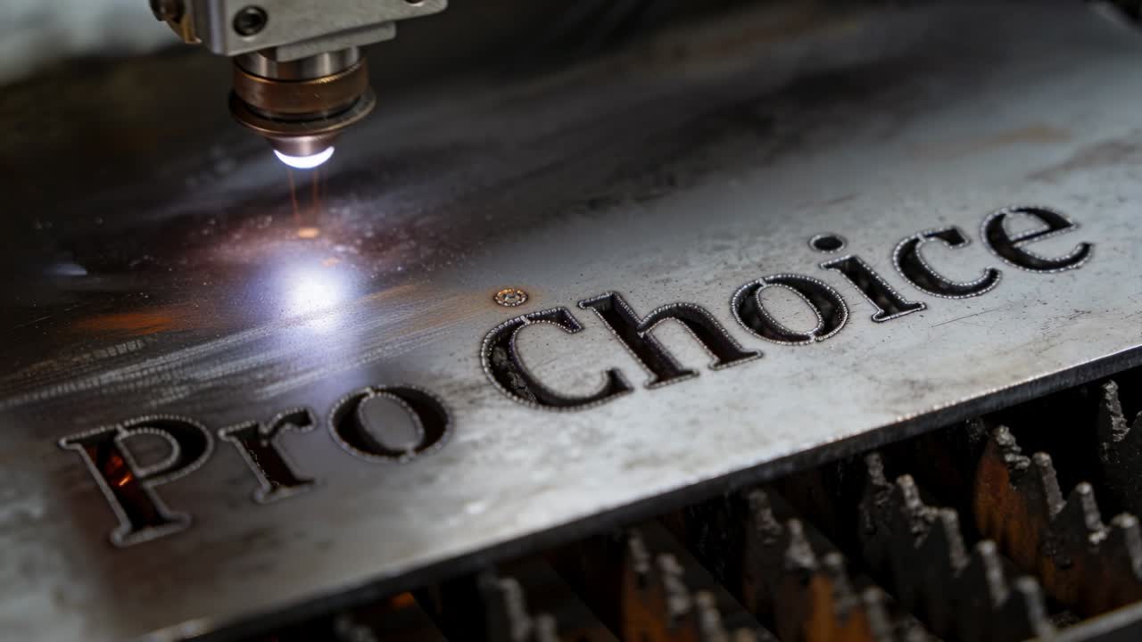 Programmierter Vektor steuert CNC-Kopf, der „Pro Choice“ in Stahl für Beschilderungen schneidet, Funken und Schlacke erzeugend.