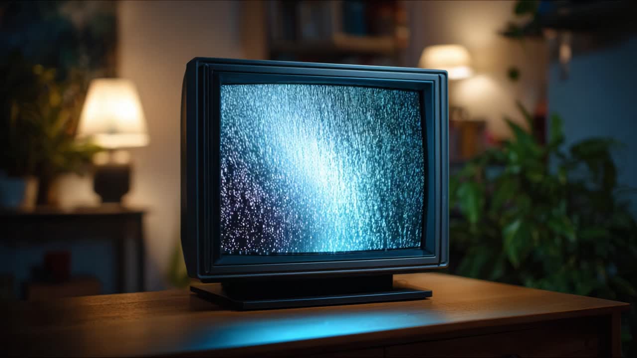 A vintage, static-filled television sits on a wooden table surrounded by warm-lit decor, evoking a sense of nostalgia and exploring themes of technology and connection
