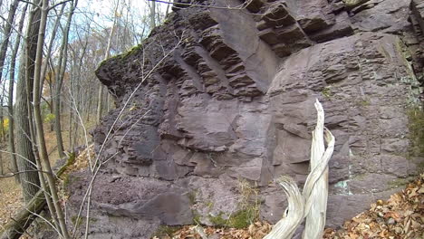 Steadicam-shot-moves-across-rock-formation-with-mossy-wood-and-roots