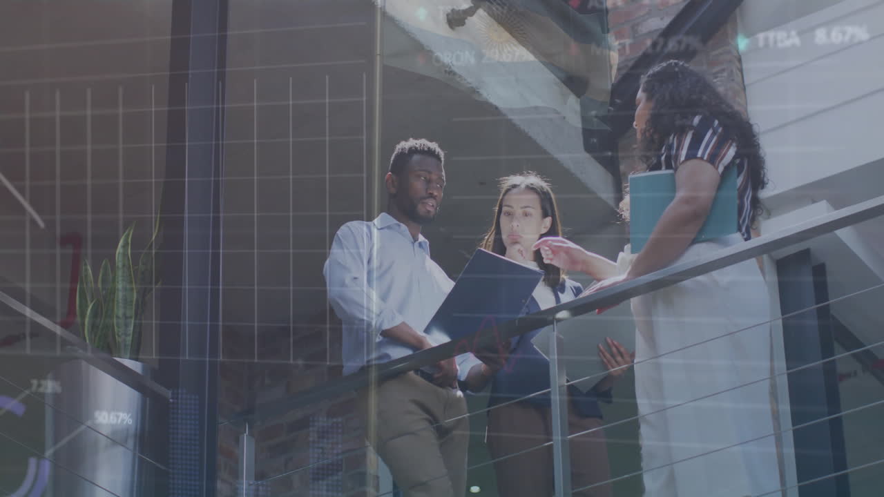 Animation of financial data processing over diverse business people in office