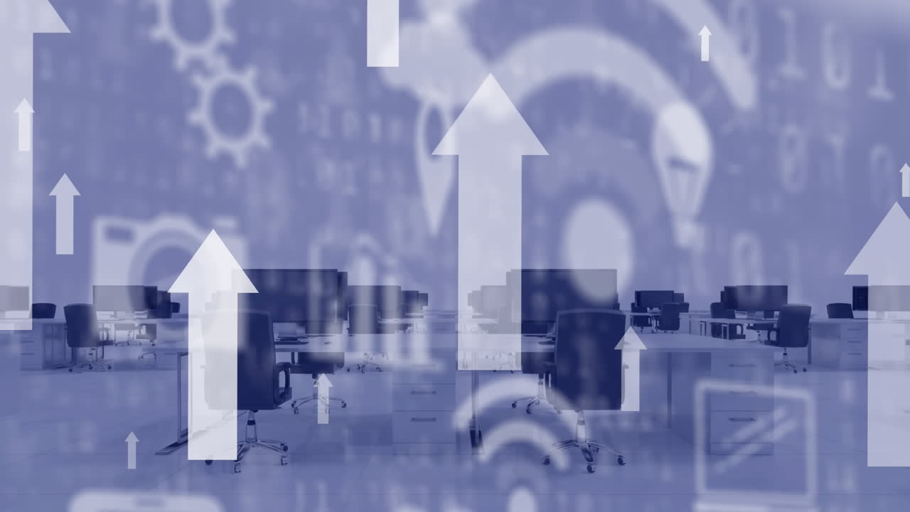 사무실 위에 날아다니는 아이콘의 애니메이션