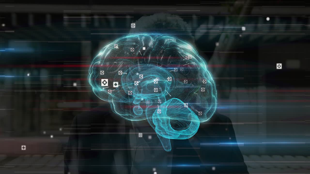 Cyan holographic brain rotating right to frontal while man raising device causing nodes for medical